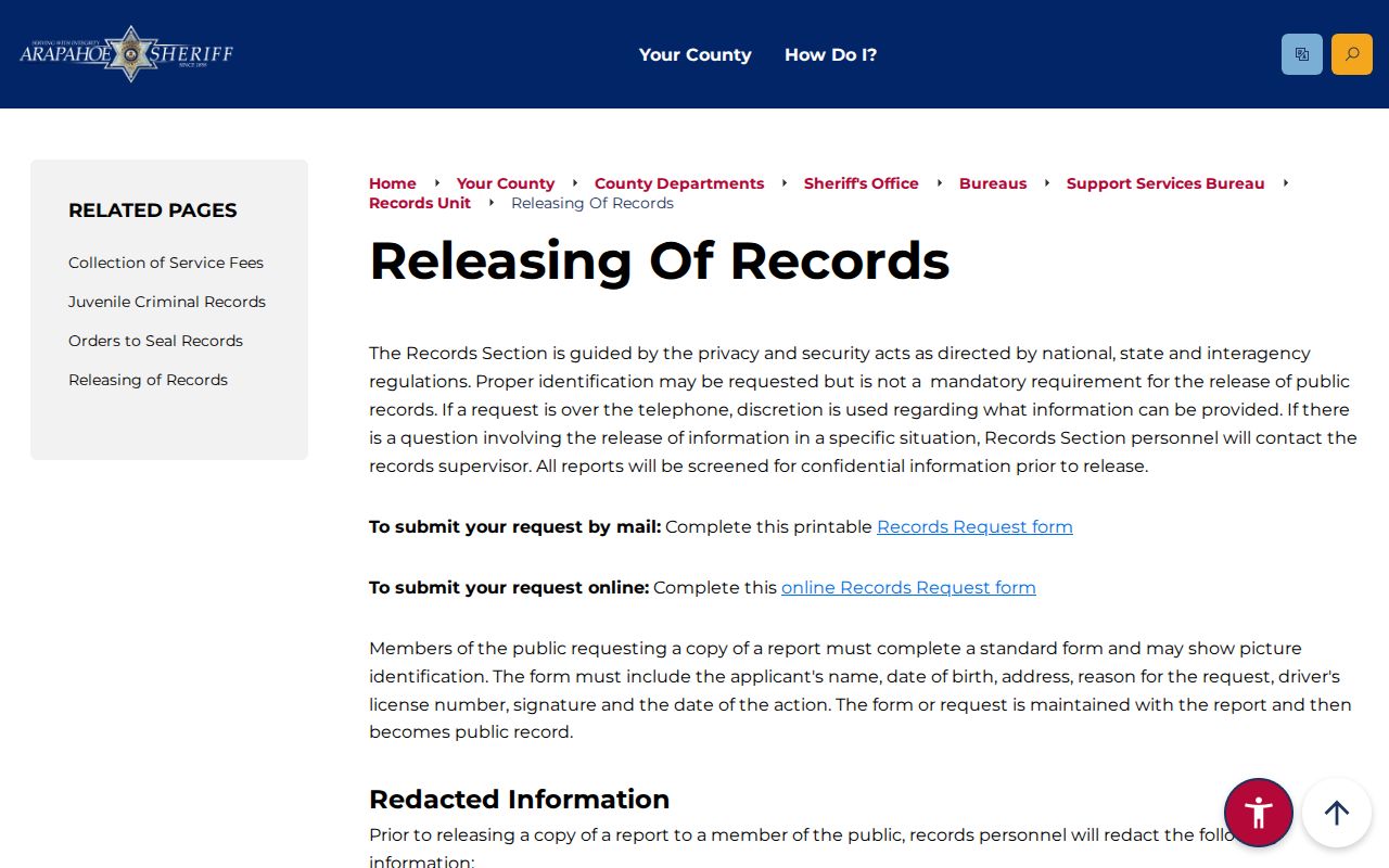 Arapahoe County released inmate mugshots booking photo records rules
